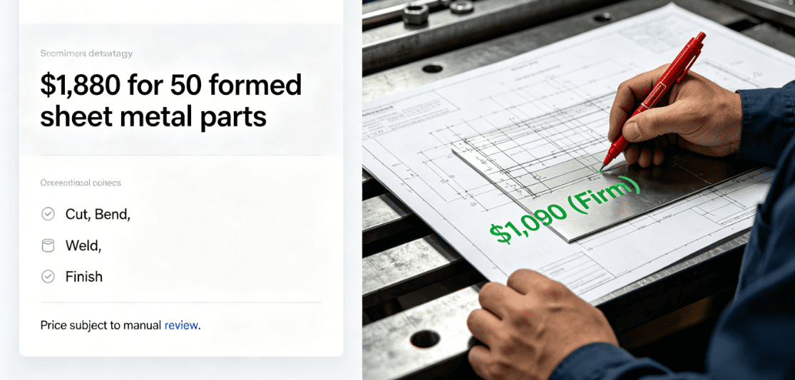 Infographic comparing Xometry algorithmic quoting (1,880, subject to review) versus Baosheng engineer-reviewed firm fabrication quote (1,090) for formed sheet metal parts.
