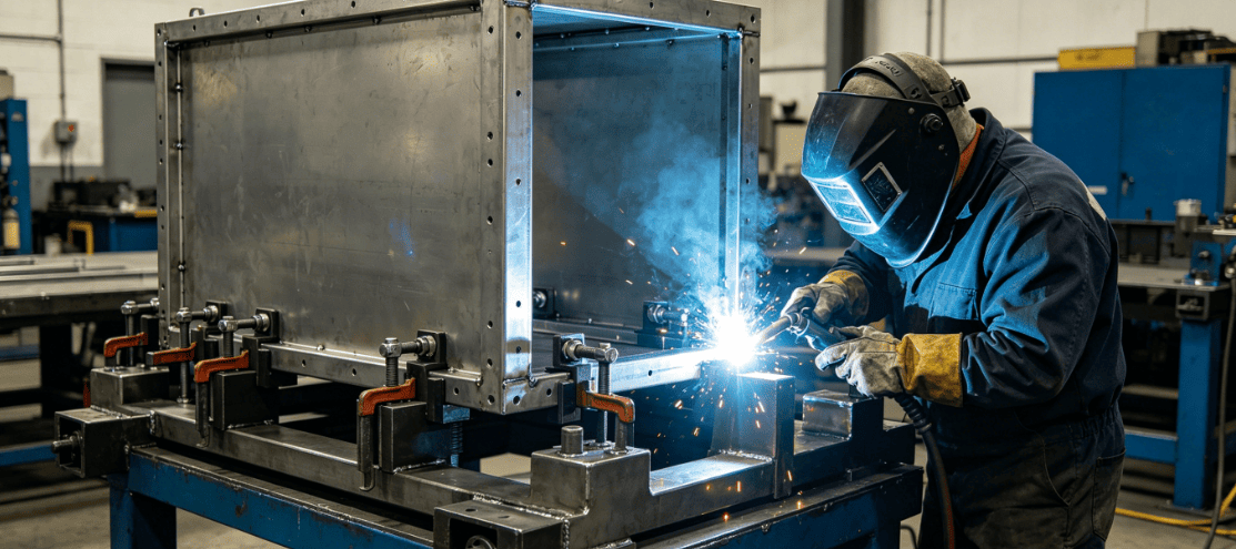 Large sheet metal enclosure clamped in a custom welding fixture with MIG welding in progress, demonstrating rigid fixation for distortion control.