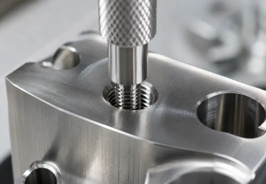 Why Are Stainless Steel CNC Parts Prone to Tight Tapped Holes, Burrs and Thread Galling? 5 stainless steel tapped hole being checked with a thread gauge